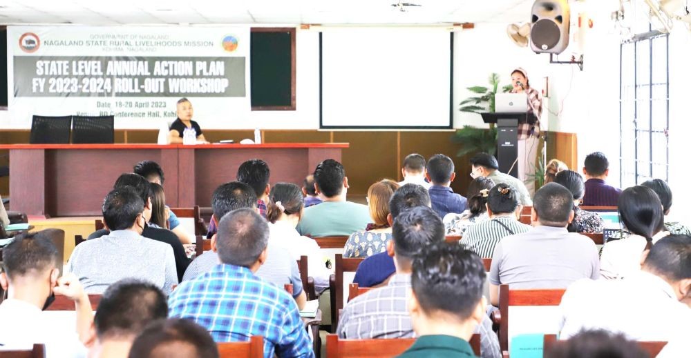 District presentations on FY 2022-2023 progress during state level AAP roll-out workshop FY 2023-2024 of the NSRLM at RD conference hall, Kohima on April 18. (Photo Courtesy: NSRLM)